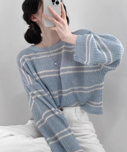SHEPP(シープ)の「【26年秋冬新作】透かし編み マルチボーダー ニット 長袖 プルオーバー(ニット/セーター・レディース・ホワイト/アイボリー/ブルー/ブラック・L/M)」の17枚目の写真