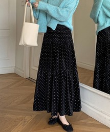 ドット柄ティアードベロアロングスカート