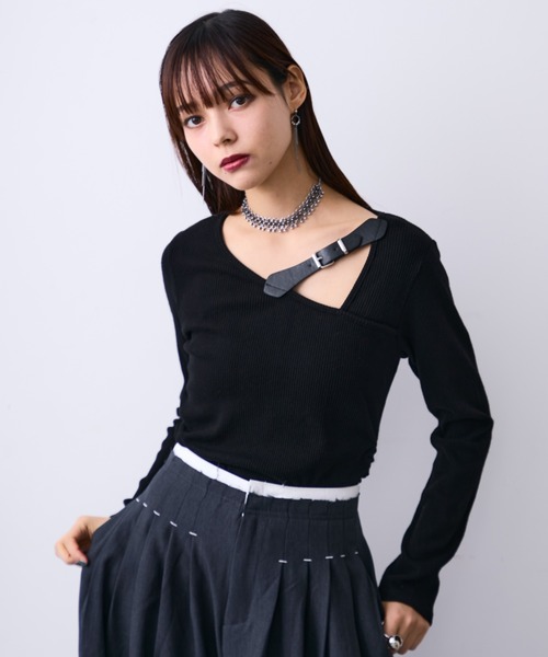 MONOe(モノエ)の「ベルト付きアシメリブトップス(Tシャツ/カットソー・レディース・ホワイト・FREE)」の2枚目の写真