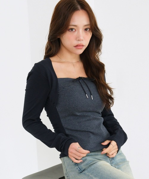 3.3 Field Trip (3.3フィールドトリップ)の「3.3 Field Trip/ボレロデザインアソートトップス(ドット・ボーダー)(Tシャツ/カットソー・レディース・ブラック/ネイビー/ブラウン・FREE)」の3枚目の写真