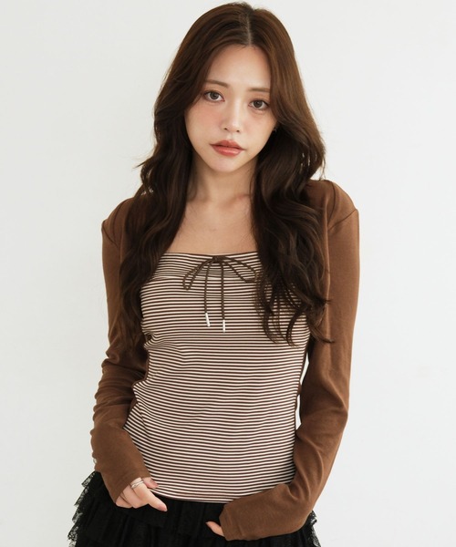 3.3 Field Trip (3.3フィールドトリップ)の「3.3 Field Trip/ボレロデザインアソートトップス(ドット・ボーダー)(Tシャツ/カットソー・レディース・ブラック/ネイビー/ブラウン・FREE)」の1枚目の写真