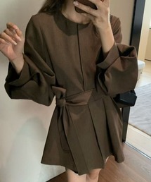 シンプルクルーネックリボンタイパフスリーブコート