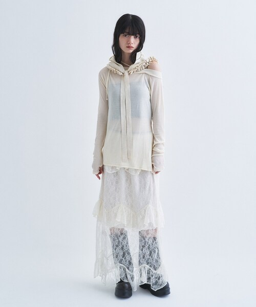 CODE A(コードエー)の「layered veil lace skirt(スカート・レディース・ブラック/オフホワイト・00)」の6枚目の写真