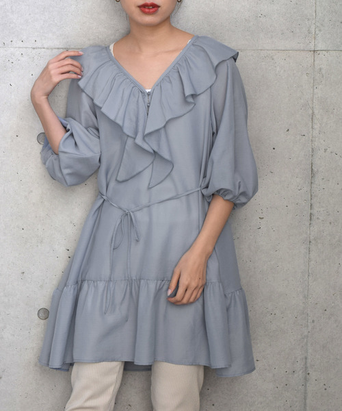 w closet（ダブルクローゼット）の「Aラインフリルミニワンピース（ワンピース・レディース・オフホワイト/サックスブルー/ライム・FREE）」の3枚目の写真