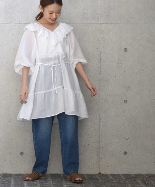 w closet（ダブルクローゼット）の「Aラインフリルミニワンピース（ワンピース・レディース・オフホワイト/サックスブルー/ライム・FREE）」の4枚目の写真