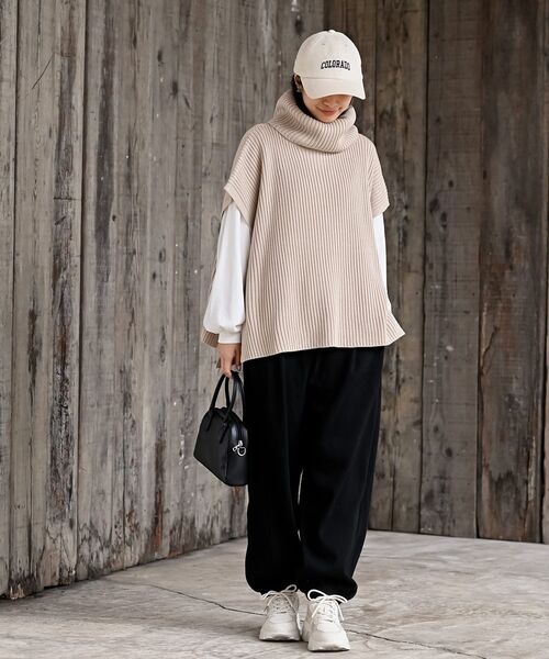 rps（アールピーエス）の「サイドリボンタートルリブニットベスト（ベスト・レディース・ブラック/モカ/ベージュ系その他/キャメル/グリーン/アイボリー/ピンクベージュ・M/フリー）」の10枚目の写真