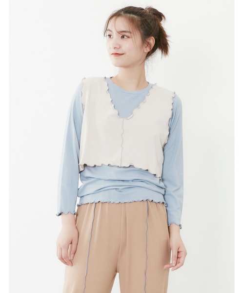 POU DOU DOU（プードゥドゥ）の「トタンテレコレイヤードトップスセット（Tシャツ/カットソー・レディース・キャメル/ブルー/アイボリー・3）」の3枚目の写真