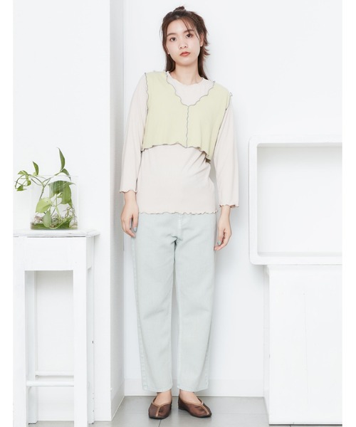 POU DOU DOU（プードゥドゥ）の「トタンテレコレイヤードトップスセット（Tシャツ/カットソー・レディース・キャメル/ブルー/アイボリー・3）」の4枚目の写真