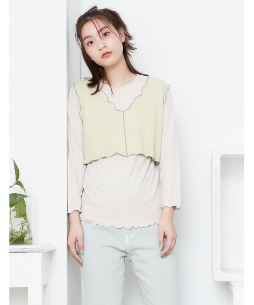 POU DOU DOU（プードゥドゥ）の「トタンテレコレイヤードトップスセット（Tシャツ/カットソー・レディース・キャメル/ブルー/アイボリー・3）」の6枚目の写真