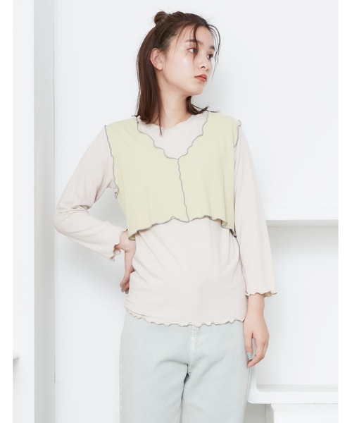 POU DOU DOU（プードゥドゥ）の「トタンテレコレイヤードトップスセット（Tシャツ/カットソー・レディース・キャメル/ブルー/アイボリー・3）」の7枚目の写真