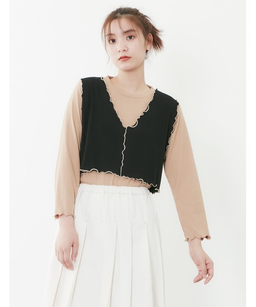 POU DOU DOU（プードゥドゥ）の「トタンテレコレイヤードトップスセット（Tシャツ/カットソー・レディース・キャメル/ブルー/アイボリー・3）」の11枚目の写真