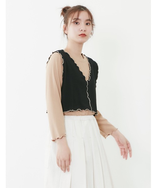 POU DOU DOU（プードゥドゥ）の「トタンテレコレイヤードトップスセット（Tシャツ/カットソー・レディース・キャメル/ブルー/アイボリー・3）」の12枚目の写真