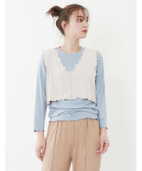 POU DOU DOU（プードゥドゥ）の「トタンテレコレイヤードトップスセット（Tシャツ/カットソー・レディース・キャメル/ブルー/アイボリー・3）」の16枚目の写真