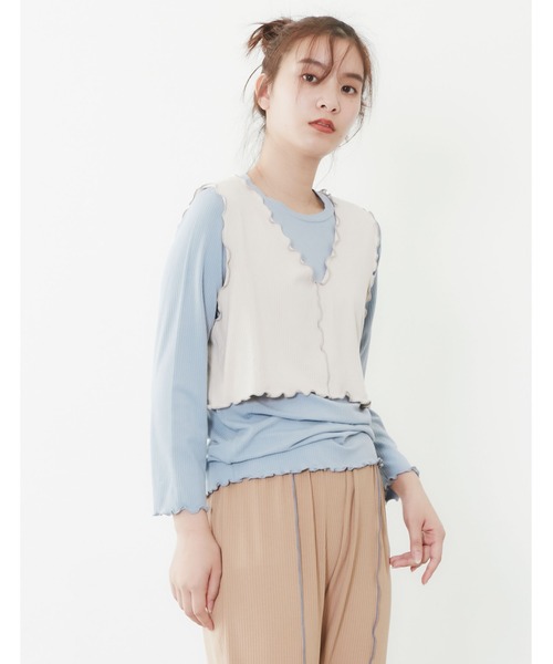 POU DOU DOU（プードゥドゥ）の「トタンテレコレイヤードトップスセット（Tシャツ/カットソー・レディース・キャメル/ブルー/アイボリー・3）」の17枚目の写真