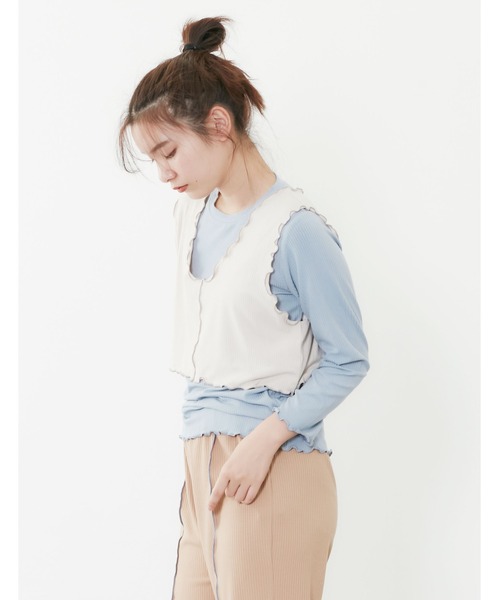 POU DOU DOU（プードゥドゥ）の「トタンテレコレイヤードトップスセット（Tシャツ/カットソー・レディース・キャメル/ブルー/アイボリー・3）」の18枚目の写真