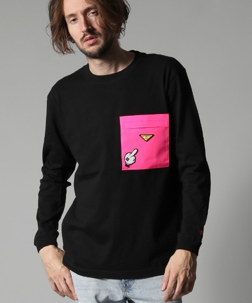 STUD MUFFIN(スタッドマフィン)の「mlt3395-5.6ozコットン天竺 サガラ&パッチポケット付 LS Tシャツ(Tシャツ/カットソー・メンズ・ブラック/ホワイト・3/2/4)」の2枚目の写真