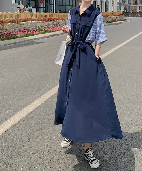 お洒落無限大 ストライプスリーブ切替ロングシャツワンピース ロングセラー Help Traino Id