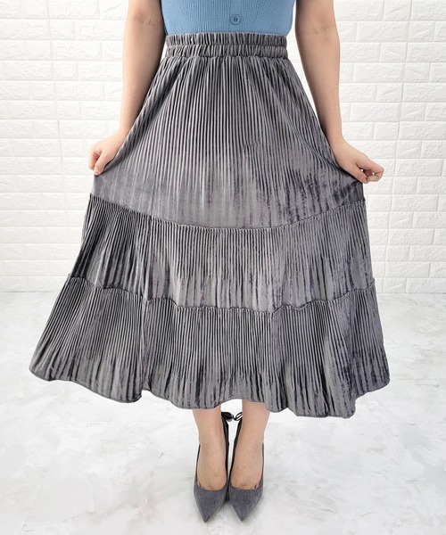 Lace Ladies(レースレディース)の「ベルベット Aライン ウエストゴム プリーツ切替スカート(スカート・レディース・ブラック/ベージュ/ブラウン/グリーン/グレー・FREE)」の21枚目の写真