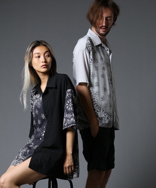 STUD MUFFIN（スタッドマフィン）の「mhs1756-バンダナ柄-無地TRサテン SSワイドシャツ（シャツ/ブラウス・メンズ・ライトグレー/ブラック・2/3）」の4枚目の写真