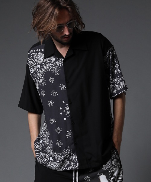 STUD MUFFIN（スタッドマフィン）の「mhs1756-バンダナ柄-無地TRサテン SSワイドシャツ（シャツ/ブラウス・メンズ・ライトグレー/ブラック・2/3）」の5枚目の写真