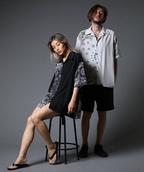 STUD MUFFIN（スタッドマフィン）の「mhs1756-バンダナ柄-無地TRサテン SSワイドシャツ（シャツ/ブラウス・メンズ・ライトグレー/ブラック・2/3）」の9枚目の写真