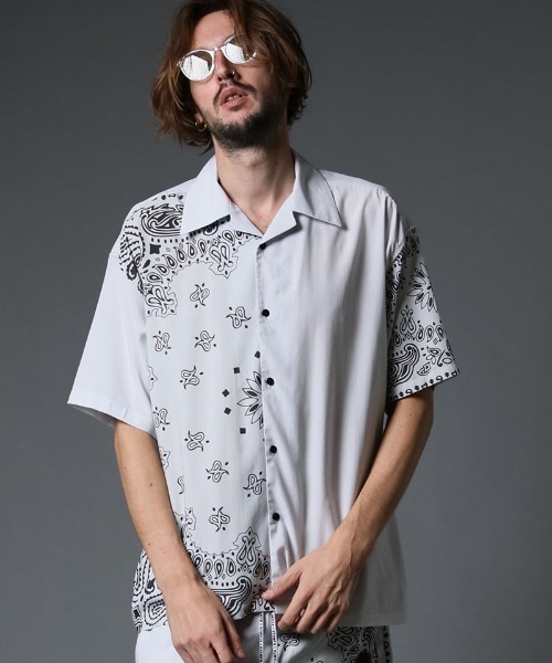 STUD MUFFIN（スタッドマフィン）の「mhs1756-バンダナ柄-無地TRサテン SSワイドシャツ（シャツ/ブラウス・メンズ・ライトグレー/ブラック・2/3）」の15枚目の写真