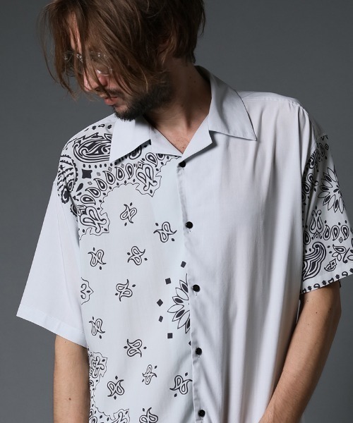 STUD MUFFIN（スタッドマフィン）の「mhs1756-バンダナ柄-無地TRサテン SSワイドシャツ（シャツ/ブラウス・メンズ・ライトグレー/ブラック・2/3）」の16枚目の写真