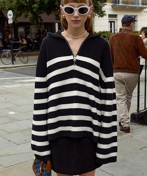 Fano Studios(ファノ ストゥディオズ)の「【Fano Studios】Zipper lapel stripe rib knit FD21S104(ニット/セーター・レディース・ブラック・S/L/M)」の2枚目の写真