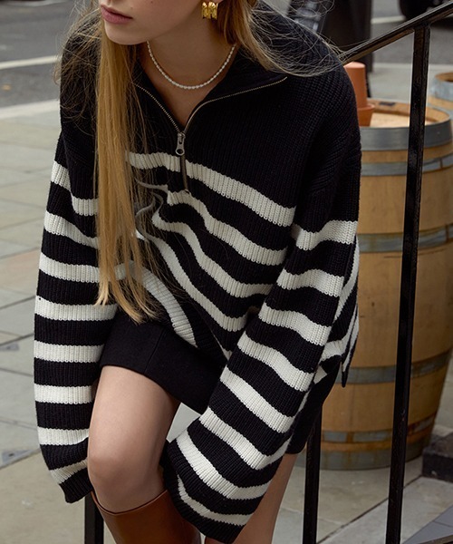 Fano Studios(ファノ ストゥディオズ)の「【Fano Studios】Zipper lapel stripe rib knit FD21S104(ニット/セーター・レディース・ブラック・S/L/M)」の7枚目の写真