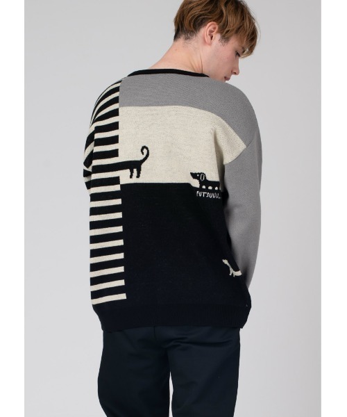 Design Tshirts Store graniph（デザイン　ティーシャツ　ストア　グラニフ）の「ナガスギルイヌ｜グラフィックジャカードニット（ニット/セーター・メンズ・ブラック・SMALL/MEDIUM/LARGE）」の8枚目の写真