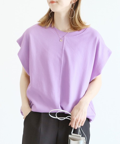 reca(レカ)の「ミニ裏毛切替ロングトップス(Tシャツ/カットソー・レディース・ブラック/オフホワイト/ライラック/グレイッシュベージュ・MEDIUM)」の4枚目の写真