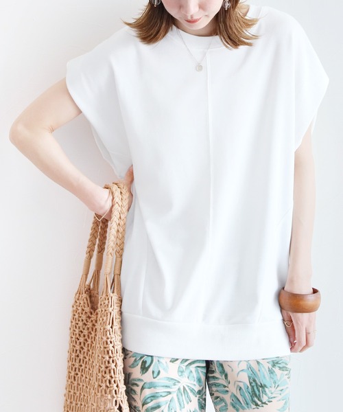 reca(レカ)の「ミニ裏毛切替ロングトップス(Tシャツ/カットソー・レディース・ブラック/オフホワイト/ライラック/グレイッシュベージュ・MEDIUM)」の1枚目の写真
