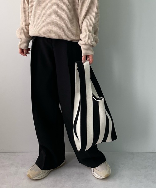 LE MORE（リモア）の「ストライプニットマルシェトートバッグ（トートバッグ・レディース・ベージュ/ブラック/アイボリー・FREE）」の9枚目の写真