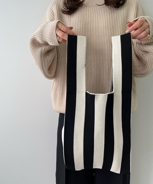 LE MORE（リモア）の「ストライプニットマルシェトートバッグ（トートバッグ・レディース・ベージュ/ブラック/アイボリー・FREE）」の11枚目の写真