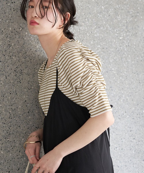 earth music&ecology（アースミュージックアンドエコロジー）の「パワショル ボーダートップス（Tシャツ/カットソー・レディース・ブラック/オリーブ/テラコッタ・FREE）」の3枚目の写真