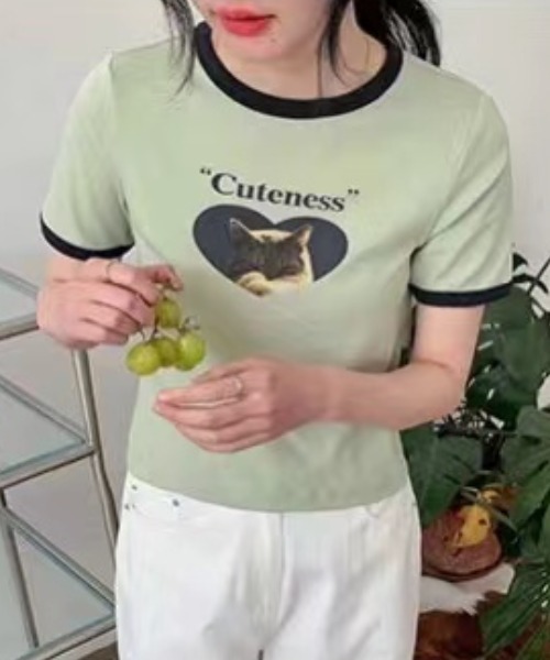 MANGROVE(マングローブ)の「catプリントリンガーT(Tシャツ/カットソー・レディース・ホワイト/グレー/グリーン・FREE)」の3枚目の写真