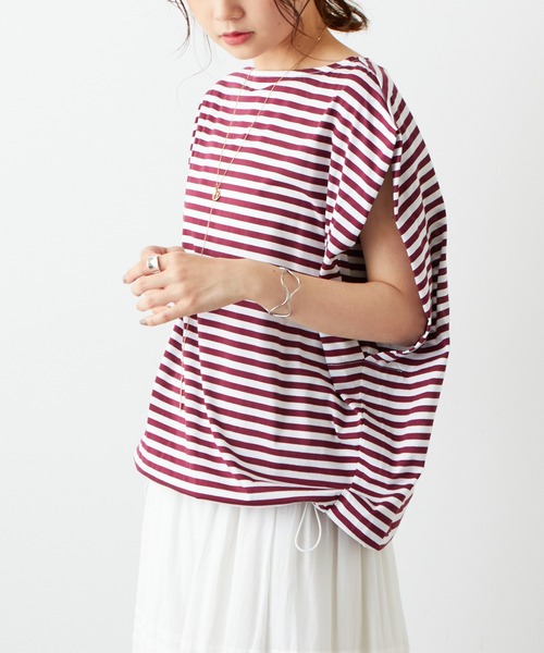 PUAL CE CIN(ピュアルセシン)の「裾ドローコード付きボーダーノースリーブ(タンクトップ・レディース・ボルドー/グリーン/ネイビー・FREE)」の3枚目の写真