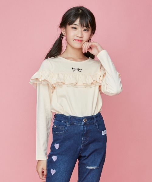 JENNI love（ジェニィラブ）の「チュール重ねフリルロンT（Tシャツ/カットソー・キッズ・ブラック/オフホワイト/サックスブルー・140cm/130cm/150cm/160cm）」の2枚目の写真