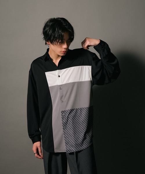 UNIIT(ユニット)の「【UNIIT/ユニット】ポリストレッチ 切り替え ルーズシルエット ビッグシルエット シャツ 幾何学模様 ジオメトリック 韓国ファッション モードファッション キレイ目(シャツ/ブラウス・メンズ・ホワイト/ブラック/ベージュ・MEDIUM/LARGE)」の3枚目の写真