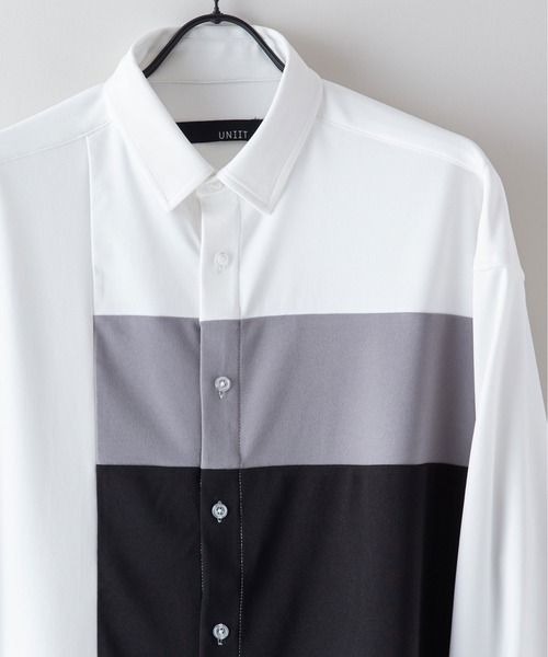 UNIIT(ユニット)の「【UNIIT/ユニット】ポリストレッチ 切り替え ルーズシルエット ビッグシルエット シャツ 幾何学模様 ジオメトリック 韓国ファッション モードファッション キレイ目(シャツ/ブラウス・メンズ・ホワイト/ブラック/ベージュ・MEDIUM/LARGE)」の4枚目の写真