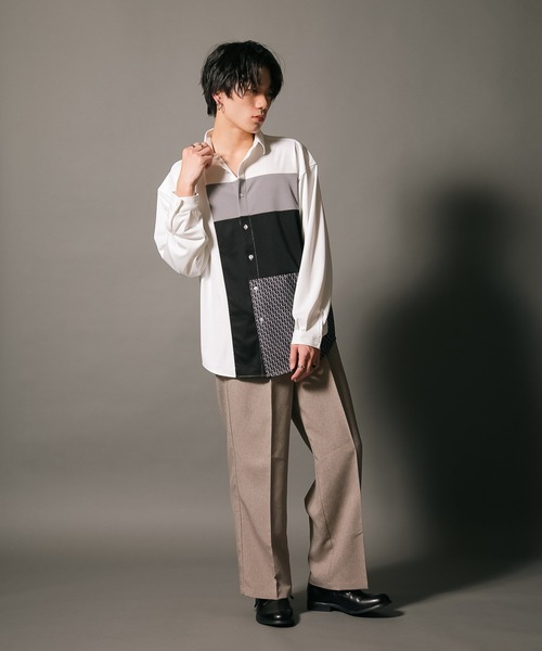 UNIIT(ユニット)の「【UNIIT/ユニット】ポリストレッチ 切り替え ルーズシルエット ビッグシルエット シャツ 幾何学模様 ジオメトリック 韓国ファッション モードファッション キレイ目(シャツ/ブラウス・メンズ・ホワイト/ブラック/ベージュ・MEDIUM/LARGE)」の12枚目の写真