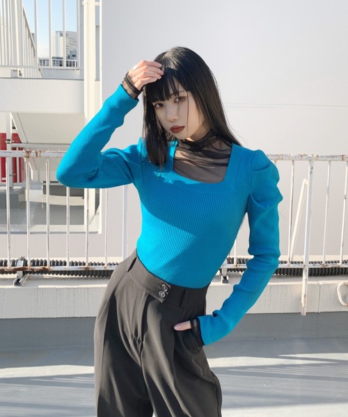 LVEU.（ラブユ.）の「【LVEU.】フィンガーホールパフショルダーニット / トップス ニット トップス レディース リブ カットソー パフショルダー パフショル 指ぬき スクエアネック ブルー ブラック グレー ホワイト アームウォーマー（ニット/セーター・レディース・ブラック/グレー/ブルー/ホワイト・FREE）」の11枚目の写真