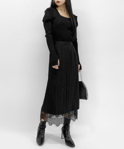 LVEU.（ラブユ.）の「【LVEU.】フィンガーホールパフショルダーニット / トップス ニット トップス レディース リブ カットソー パフショルダー パフショル 指ぬき スクエアネック ブルー ブラック グレー ホワイト アームウォーマー（ニット/セーター・レディース・ブラック/グレー/ブルー/ホワイト・FREE）」の16枚目の写真