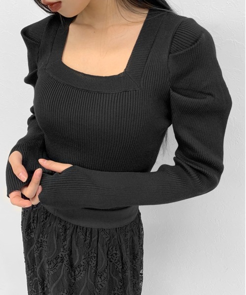 LVEU.（ラブユ.）の「【LVEU.】フィンガーホールパフショルダーニット / トップス ニット トップス レディース リブ カットソー パフショルダー パフショル 指ぬき スクエアネック ブルー ブラック グレー ホワイト アームウォーマー（ニット/セーター・レディース・ブラック/グレー/ブルー/ホワイト・FREE）」の18枚目の写真