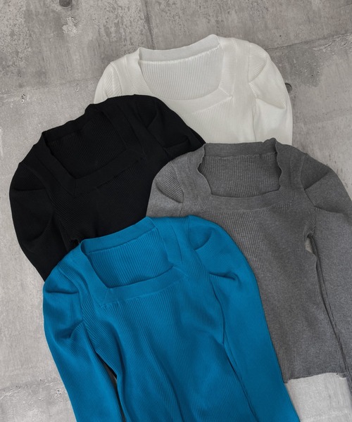 LVEU.（ラブユ.）の「【LVEU.】フィンガーホールパフショルダーニット / トップス ニット トップス レディース リブ カットソー パフショルダー パフショル 指ぬき スクエアネック ブルー ブラック グレー ホワイト アームウォーマー（ニット/セーター・レディース・ブラック/グレー/ブルー/ホワイト・FREE）」の21枚目の写真