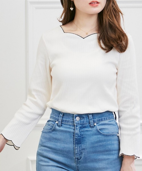 couture brooch（クチュールブローチ）の「◆【カーデやジャケットインにも◎】ハートネックテレコカットソー（Tシャツ/カットソー・レディース・パープル/アイボリー/ブラック・38/42）」の2枚目の写真