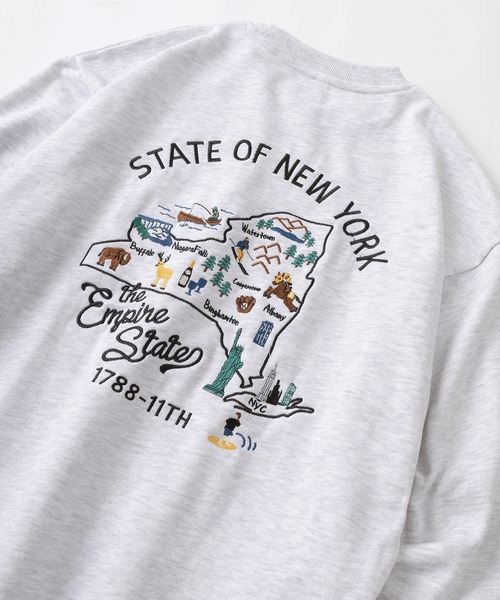 make a ray!(メイク ア レイ!)の「ビッグシルエット STATE OF NEW YORK バック&ワンポイント サガラ刺繍 スウェット/ バックデザイントレーナー/裏毛(スウェット・メンズ・アッシュグレー/ライトブルー/サーモンピンク・M/L)」の2枚目の写真