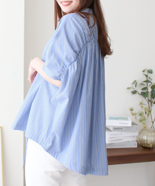 Social GIRL(ソーシャルガール)の「ギャザーフレンチスリーブバックテールムジストライプシャツ(シャツ/ブラウス・レディース・ストライプ/イエロー/オフホワイト/グレイッシュベージュ・M)」の12枚目の写真