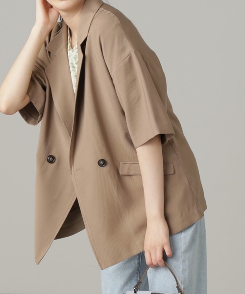 FREE'S MART(フリーズマート)の「◆【セットアップ対応】オーバーサイズルーズ半袖ジャケット(テーラードジャケット・レディース・イエロー/ブラック/ベージュ・MEDIUM/SMALL)」の5枚目の写真