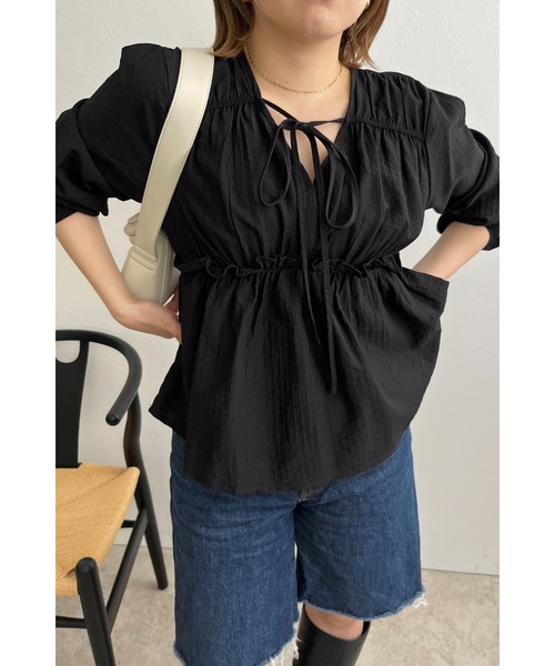 palm RICHE（ポームリシュ）の「ギャザーポイントブラウス（シャツ/ブラウス・レディース・ブラック/オフホワイト・M）」の15枚目の写真